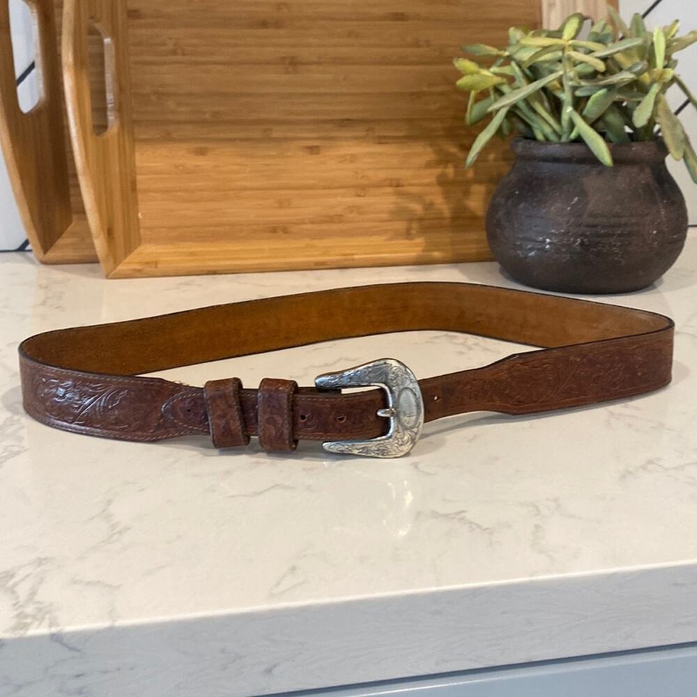 Justin vintage brown leather embossed silver buckle 90s western bohemian Gypsy